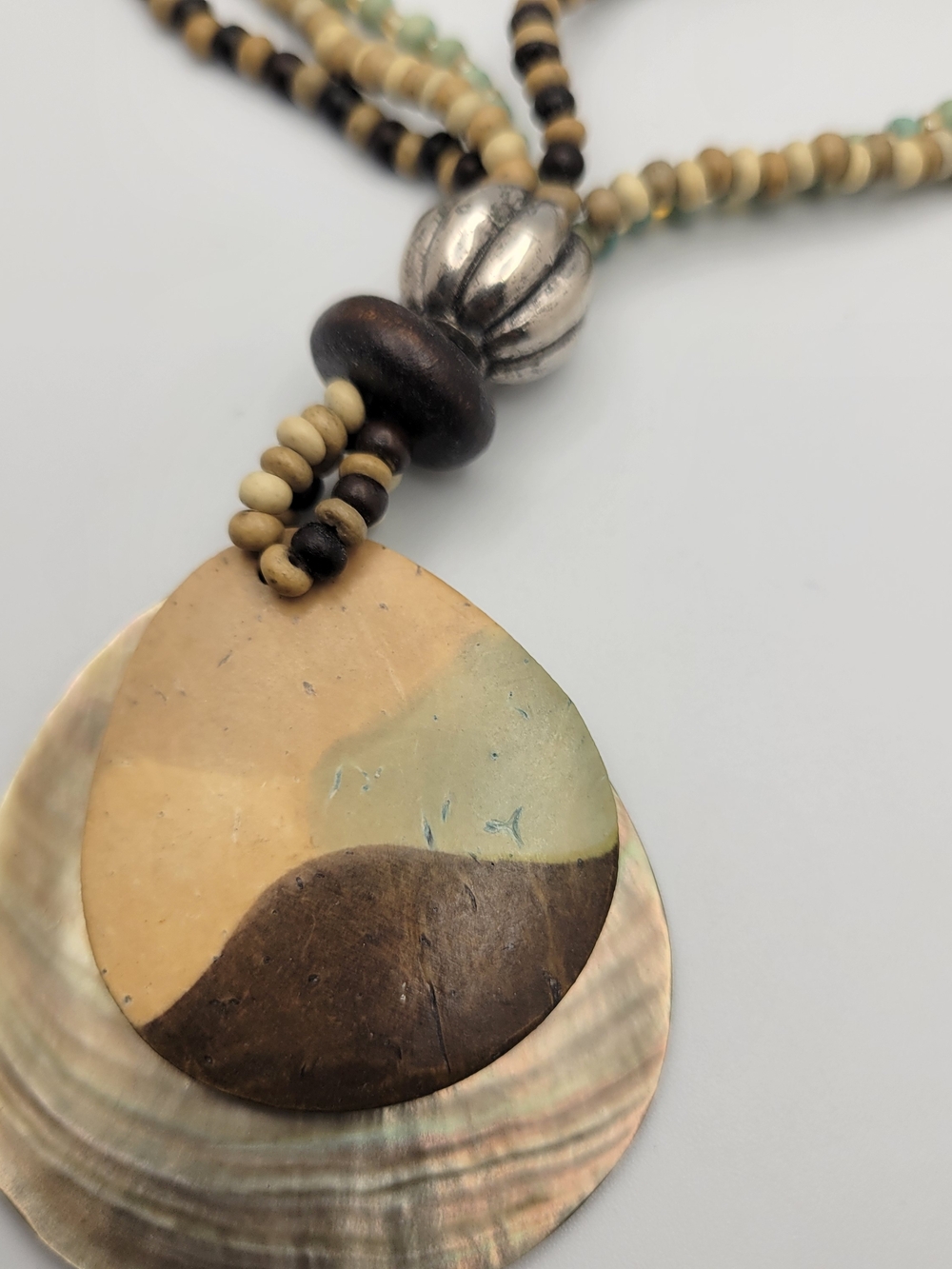 Boho Multi-Strand Beaded Necklace with Beige and Black Pendant - Picture 2 of 7